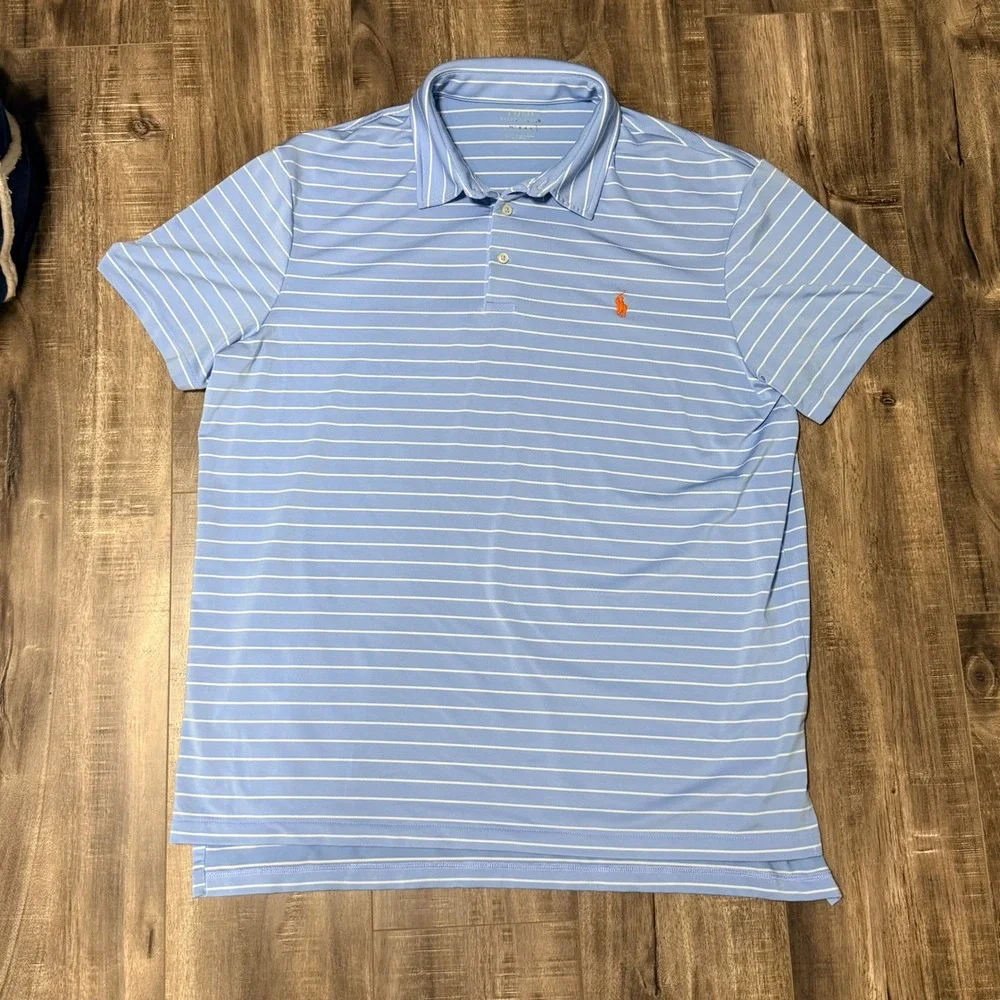 Polo Ralph Lauren Mens XXL Blue White Striped Performance Golf Polo Shirt Orange